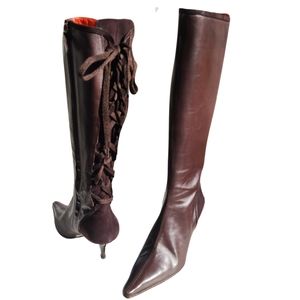 OSCAR DE LA RENTA Brown Leather & Suede Lace Up Corset Style Stiletto Boot 36.5
